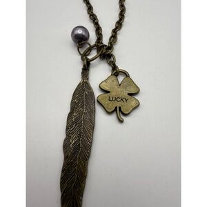 Vintage Boho Feather Bracelet Lucky Clover Charm Antique Brass Tone
